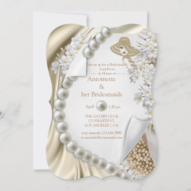 Invitación Marfil, Green, Blue, Gold Seda & Pearls Bridal Par (Anverso)