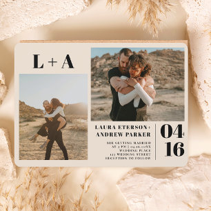 Invitación Marfil negrita minimalistas iniciales 2 fotos boda