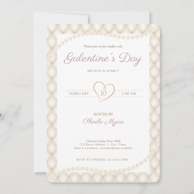 Invitación Marfil, oro y el Fiesta de Pearls Galentine (Anverso)
