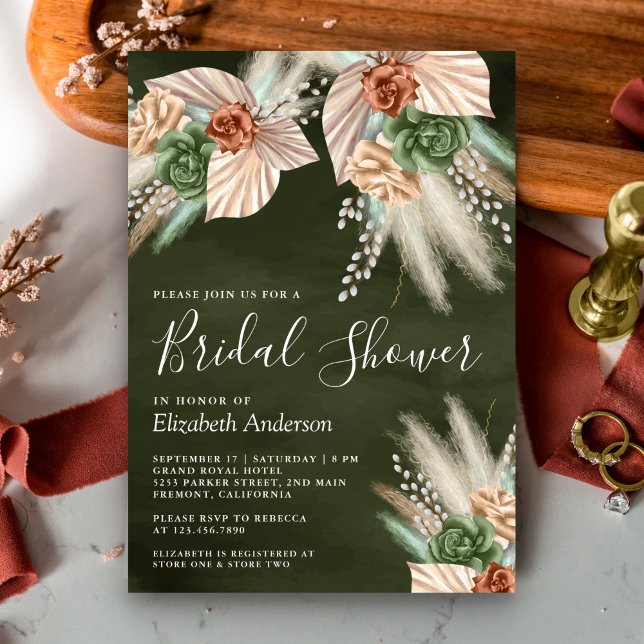 Invitación Marfil Palm Earthy Floral Pampas Sage Bridal Showe (Subido por el creador)