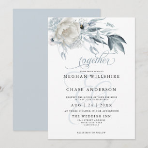 Invitación Marfil Peonies con una floral azul turbia de anémo