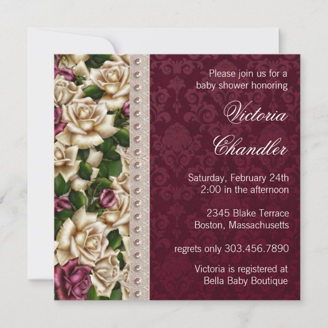 Invitación Marfil Perlas Rosa Rosa Damask Baby Shower (Anverso)