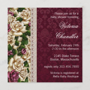Invitación Marfil Perlas Rosa Rosa Damask Baby Shower