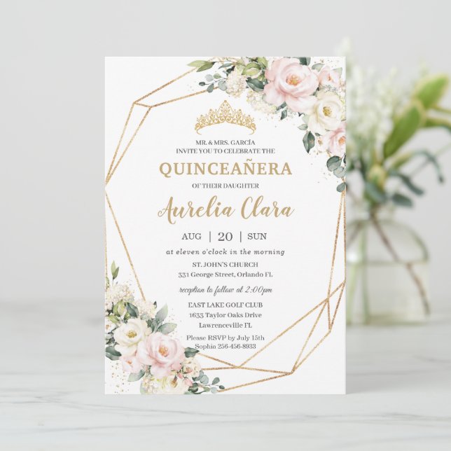 Invitación Marfil Pink Rubor Floral Geométrica Quinceañera (Anverso de pie)