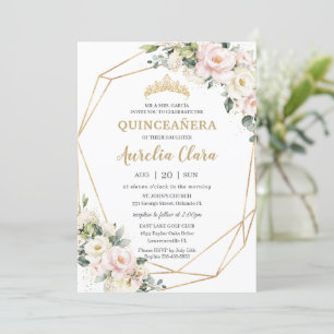 Invitación Marfil Pink Rubor Floral Geométrica Quinceañera
