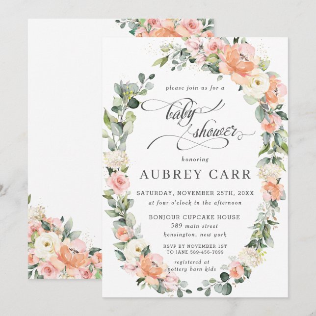 Invitación Marfil Rosa Rosado Floral Leafy Wreath Baby Shower (Anverso / Reverso)