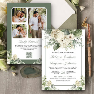 Invitación Marfil Rosa Verde Salvia Floral Código QR Foto Bod