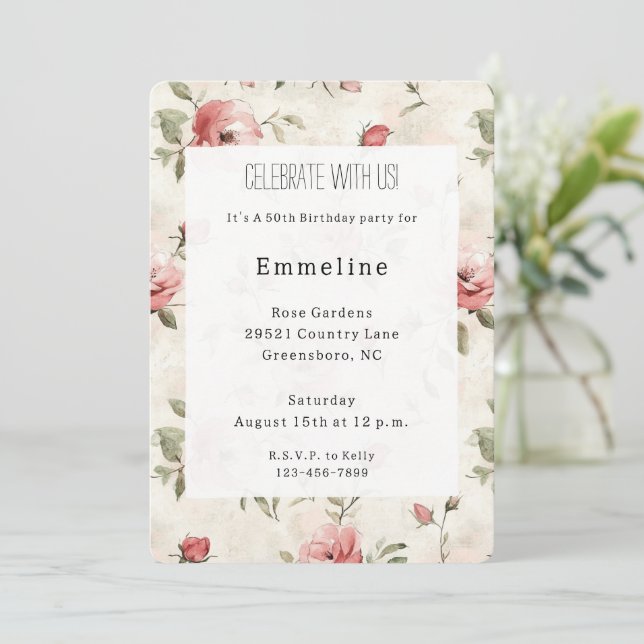 Invitación Marfil Rubor Rosa Roses Floral Cumpleaños (Anverso de pie)