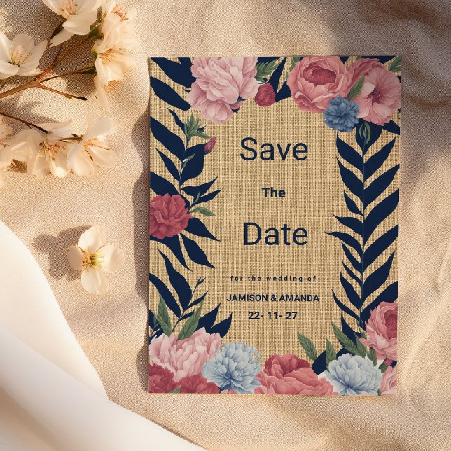 Invitación Marfil rústico azul marino floral rosa Salven la f (Rustic ivory navy blue pink floral Save The Date)