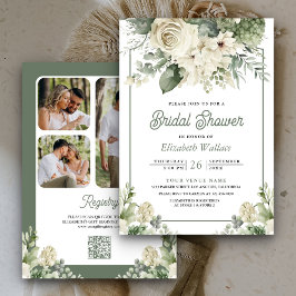 Invitación Marfil Sage Floral Verde Código QR Ducha de novia