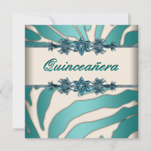 Invitación Marfil Verde azulado Cebra Azul Quinceanera