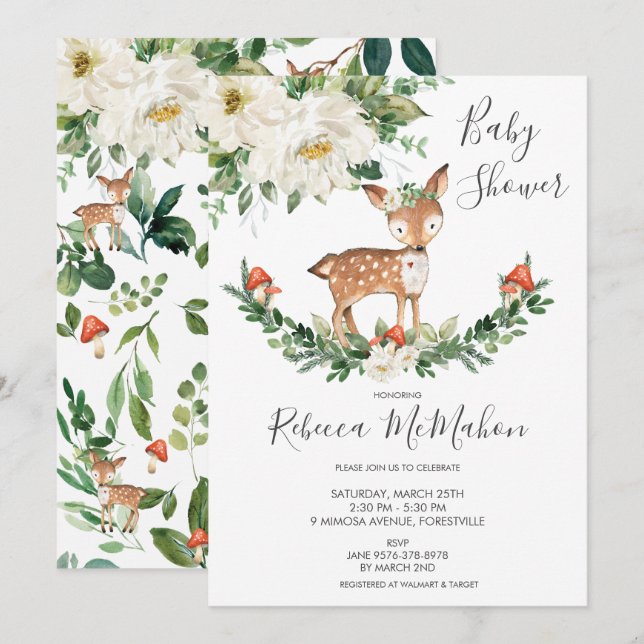 Invitación Marfil White Floral Deer Fawn Woodland Baby Shower (Anverso / Reverso)