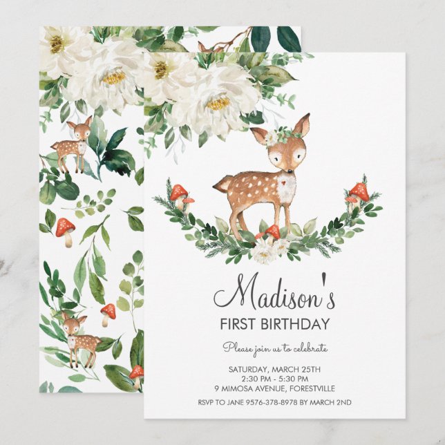 Invitación Marfil White Floral Deer Fawn Woodland Cumpleaños (Anverso / Reverso)