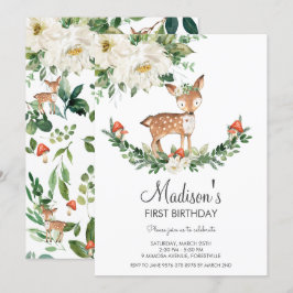 Invitación Marfil White Floral Deer Fawn Woodland Cumpleaños