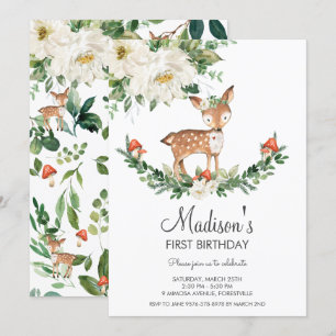 Invitación Marfil White Floral Deer Fawn Woodland Cumpleaños