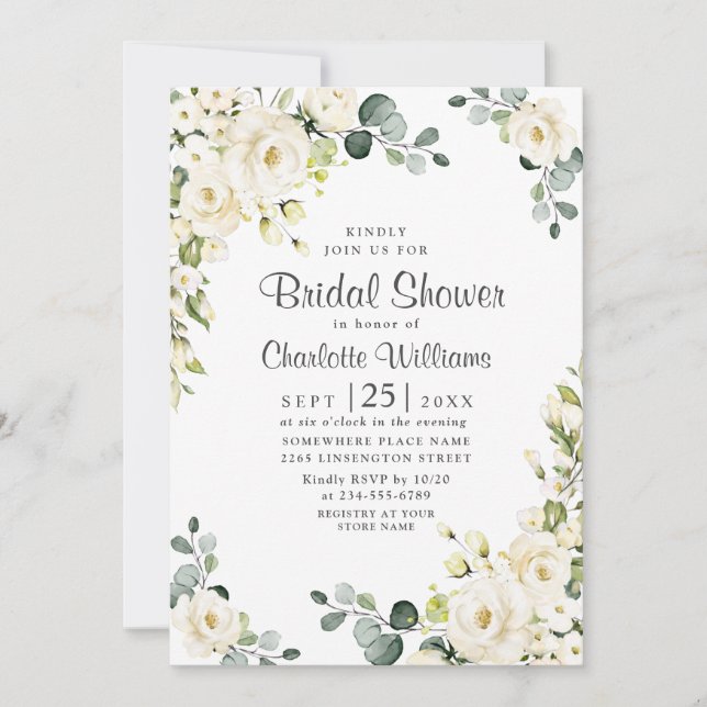 Invitación Marfil White Rose Eucalyptus Greenery Bridal Showe (Anverso)