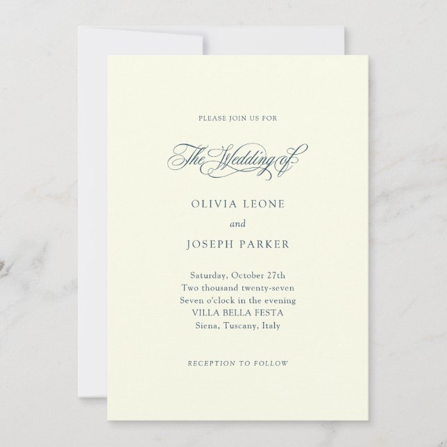 Invitación Marfil y azul oscuro | Boda minimalista italiano (Anverso)