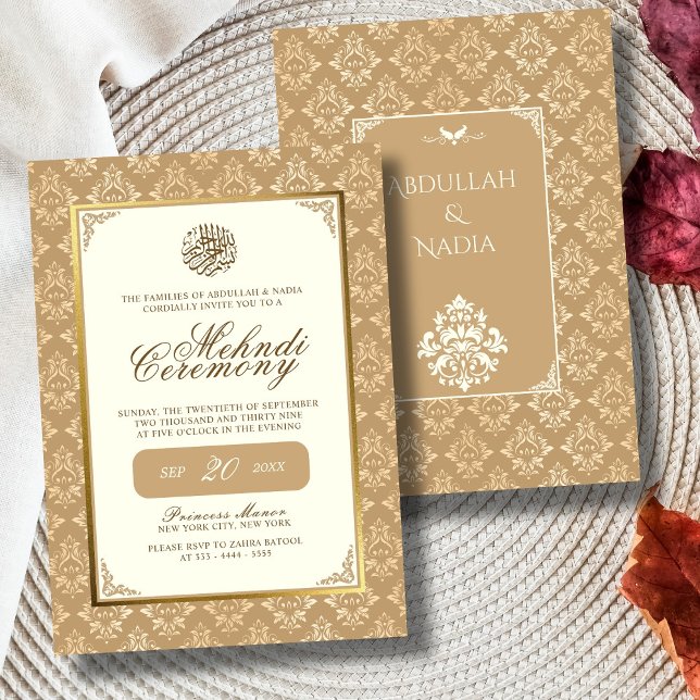 Invitación Marfil y Oro Damask Elegancia Boda Musulmana Mehnd (Subido por el creador)