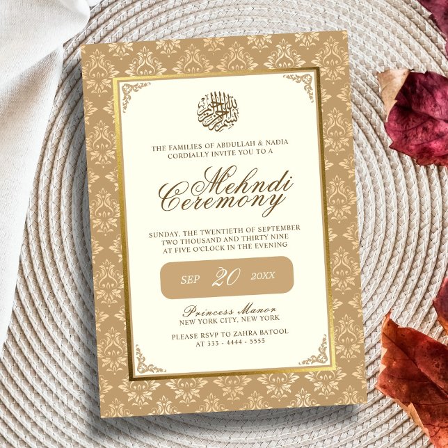 Invitación Marfil y Oro Damask Elegancia Boda Musulmana Mehnd (Subido por el creador)