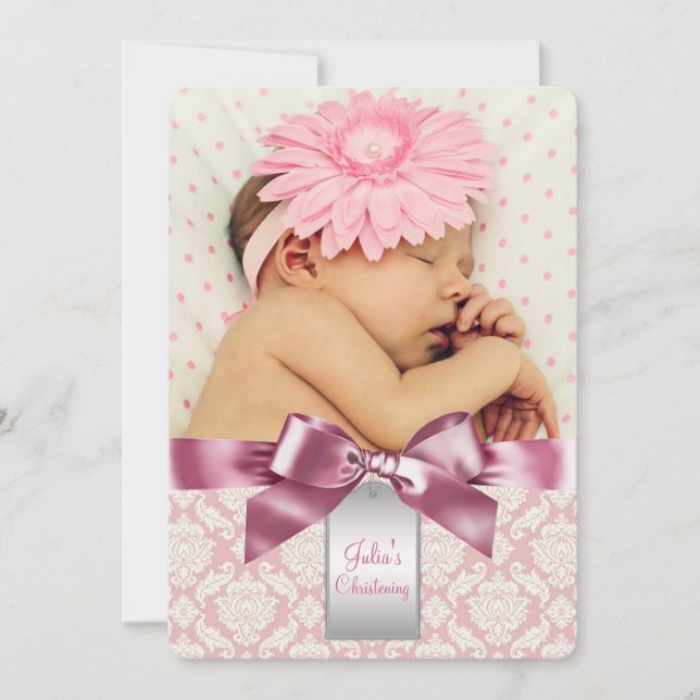 Invitación Marfil y Rosa Damask Baby Girl Fotografía de la Cr (Anverso)