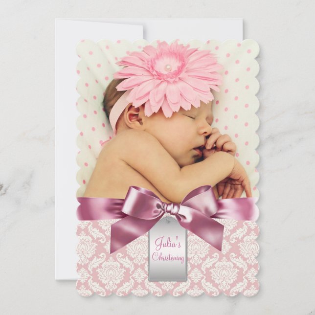 Invitación Marfil y Rosa Damask Baby Girl Fotografía de la Cr (Anverso)