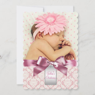 Invitación Marfil y Rosa Damask Baby Girl Fotografía de la Cr