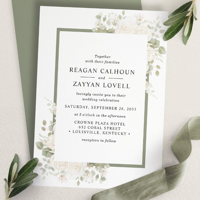 Invitación Marfil Y Sage Elegante Boda De Marco Floral (Subido por el creador)