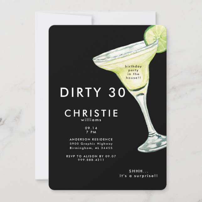 Invitación Margarita 30.ª fiesta de cumpleaños negro sorpresa (Anverso)