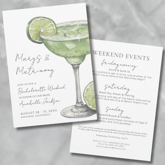Invitación Margarita Bachelorette Party (Margs & Matrimony Margarita Bachelorette Party Invitation)