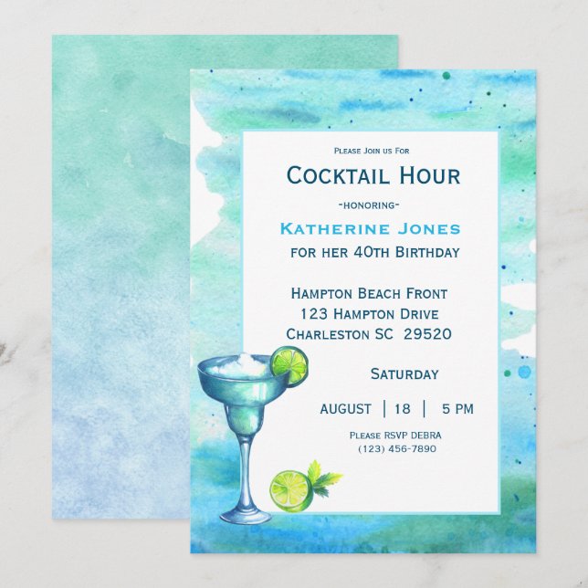 Invitación Margarita, Fiesta de cócteles de cumpleaños de pla (Anverso / Reverso)