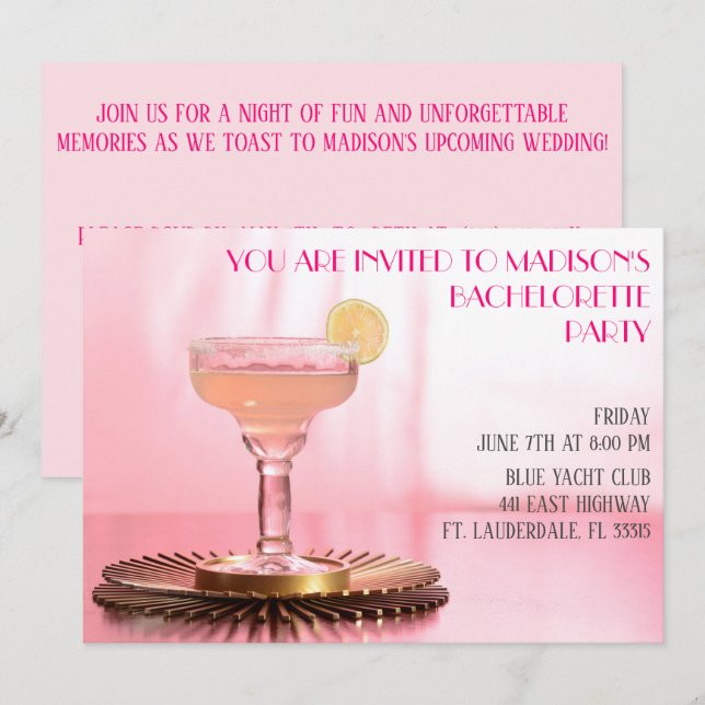 Invitación Margarita rosa Novia/Bachelorette Party (Anverso / Reverso)