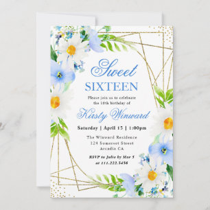 Invitación Margaritas acuarela Flores azules Marco Dulces 16