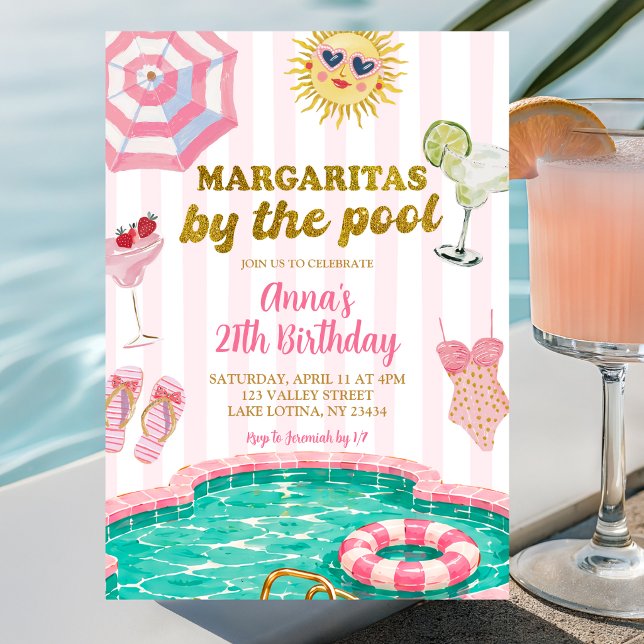 Invitación Margaritas con franja rosa junto a la piscina cump (Subido por el creador)