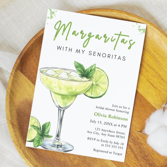 Invitación Margaritas con mis Señoritas Despedida de soltera (Green Cocktail Margaritas with my Senoritas Bridal Shower Invitation  )