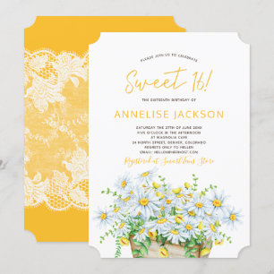 Invitación Margaritas de verano amarillas y encaje blanco dul