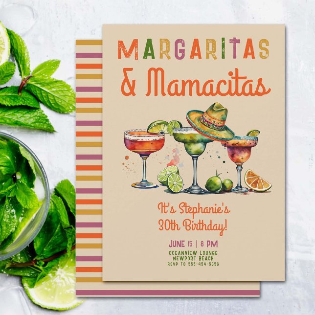 Invitación Margaritas Mamacitas Colorful Fiesta 30 cumpleaños (margaritas mamacitas 30th birthday party invitation fiesta theme cocktails colorful watercolor)