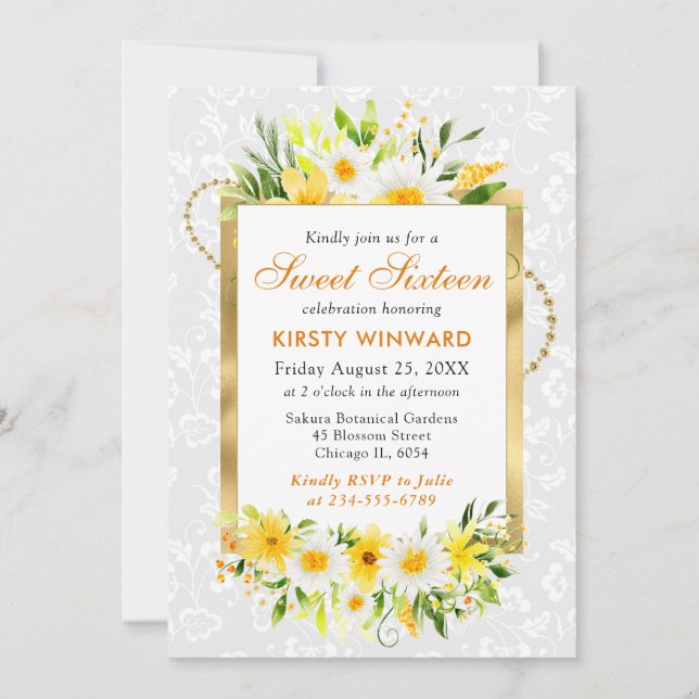 Invitación Margaritas y flores amarillas de verano Hoja dorad (Anverso)