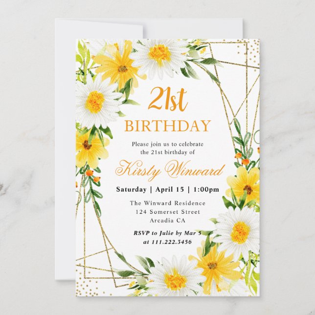 Invitación Margaritas y flores amarillas marco de oro cumplea (Anverso)