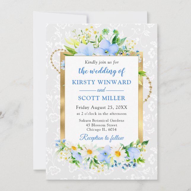 Invitación Margaritas y flores de verano azules de papel de e (Anverso)