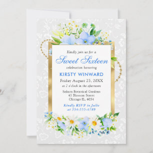 Invitación Margaritas y flores de verano azules Sweet 16 con 