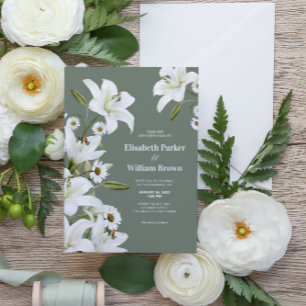Invitación Margaritas y Lirios Blancos Fondo Verde Boda 