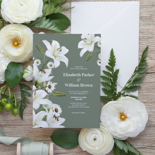 Invitación Margaritas y Lirios Blancos Fondo Verde Boda  (Subido por el creador)