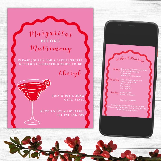 Invitación Margaritas Y Matrimonia Bachelorette Weekend (Margaritas And Matrimony Bachelorette Weekend Itinerary Hot Pink And Red Wavy Arch)
