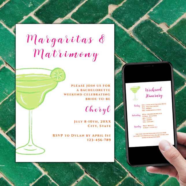 Invitación Margaritas Y Matrimonia Bachelorette Weekend (Margaritas and Matrimony Bachelorette Weekend Itinerary Vibrant Hot pink and orange)