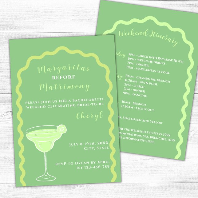 Invitación Margaritas Y Matrimonia Bachelorette Weekend (Margaritas and matrimony bachelorette weekend lime green wavy arch margarita glass)
