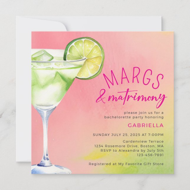 Invitación Margs and Matrimony Pink Green Bachelorette Party (Anverso)
