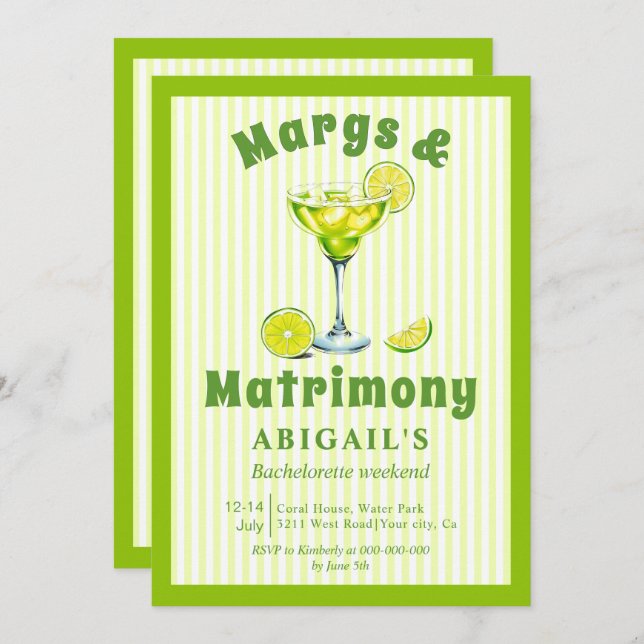Invitación Margs & Matrimony lime verde soltera fin de semana (Anverso / Reverso)
