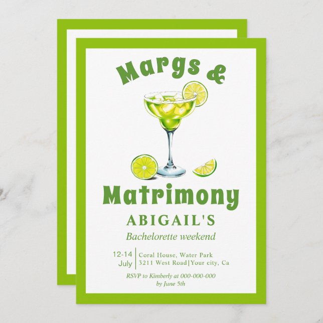 Invitación Margs & Matrimony lime verde soltera fin de semana (Anverso / Reverso)