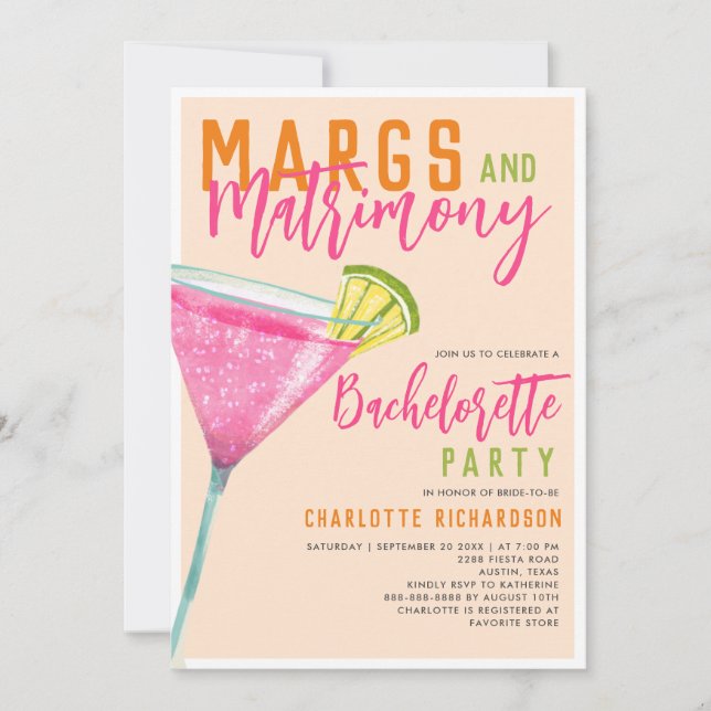 Invitación Margs & Matrimony Margarita Naranja Bachelorette (Anverso)