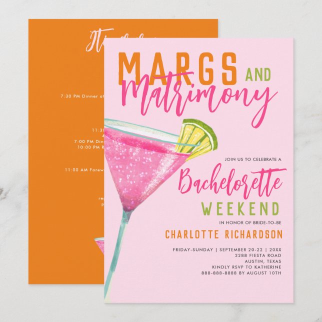 Invitación Margs & Matrimony Margaritas Bachelorette Weekend (Anverso / Reverso)